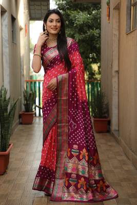 Peach And Wine Woven Design Bandhej silk blend Saree With Blouse 2
