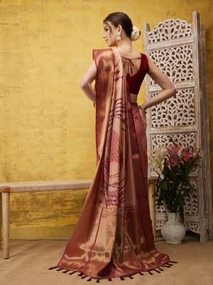 Silk Land Peach Digital Print Tusser Soft Silk Blend Saree With Unstitched Blouse Piece 4