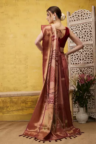 Silk Land Peach Digital Print Tusser Soft Silk Blend Saree With Unstitched Blouse Piece