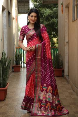 Peach And Wine Woven Design Bandhej silk blend Saree With Blouse 3