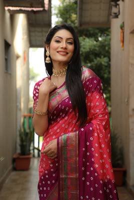 Peach And Wine Woven Design Bandhej silk blend Saree With Blouse 4