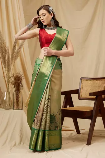 Silk Land Multicolor Digital Print Tusser Soft Silk Blend Saree With Unstitched Blouse Piece