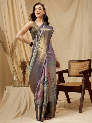 Silk Land Multicolor Digital Print Tusser Soft Silk Blend Saree With Unstitched Blouse Piece 3