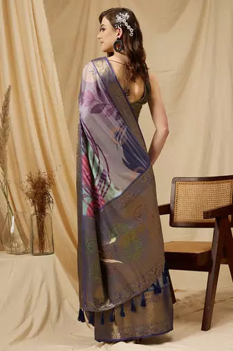 Silk Land Multicolor Digital Print Tusser Soft Silk Blend Saree With Unstitched Blouse Piece