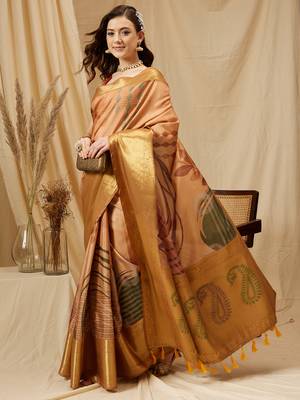 Silk Land Multicolor Digital Print Tusser Soft Silk Blend Saree With Unstitched Blouse Piece 1