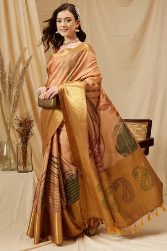 Silk Land Multicolor Digital Print Tusser Soft Silk Blend Saree With Unstitched Blouse Piece