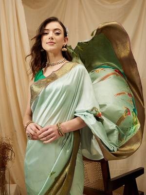 Silk Land Olive Digital Print Kanjeevaram Soft Silk Blend Saree With Unstitched Blouse Piece 1