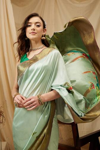 Silk Land Olive Digital Print Kanjeevaram Soft Silk Blend Saree With Unstitched Blouse Piece