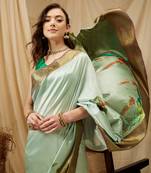 Silk Land Olive Digital Print Kanjeevaram Soft Silk Blend Saree With Unstitched Blouse Piece