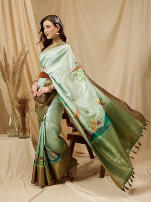 Silk Land Olive Digital Print Kanjeevaram Soft Silk Blend Saree With Unstitched Blouse Piece 2