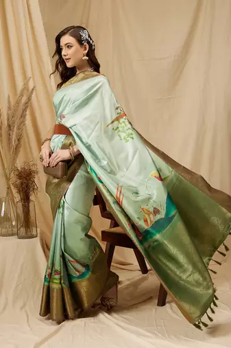 Silk Land Olive Digital Print Kanjeevaram Soft Silk Blend Saree With Unstitched Blouse Piece