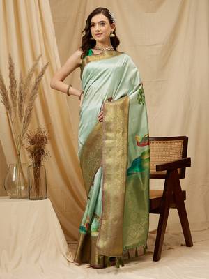 Silk Land Olive Digital Print Kanjeevaram Soft Silk Blend Saree With Unstitched Blouse Piece 3