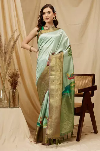 Silk Land Olive Digital Print Kanjeevaram Soft Silk Blend Saree With Unstitched Blouse Piece