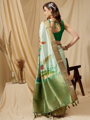 Silk Land Olive Digital Print Kanjeevaram Soft Silk Blend Saree With Unstitched Blouse Piece 4