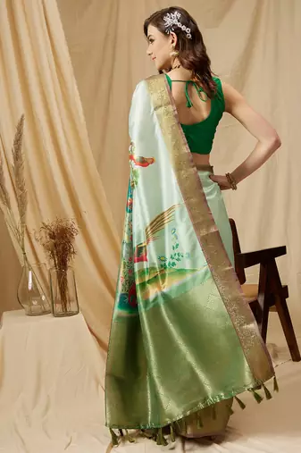 Silk Land Olive Digital Print Kanjeevaram Soft Silk Blend Saree With Unstitched Blouse Piece