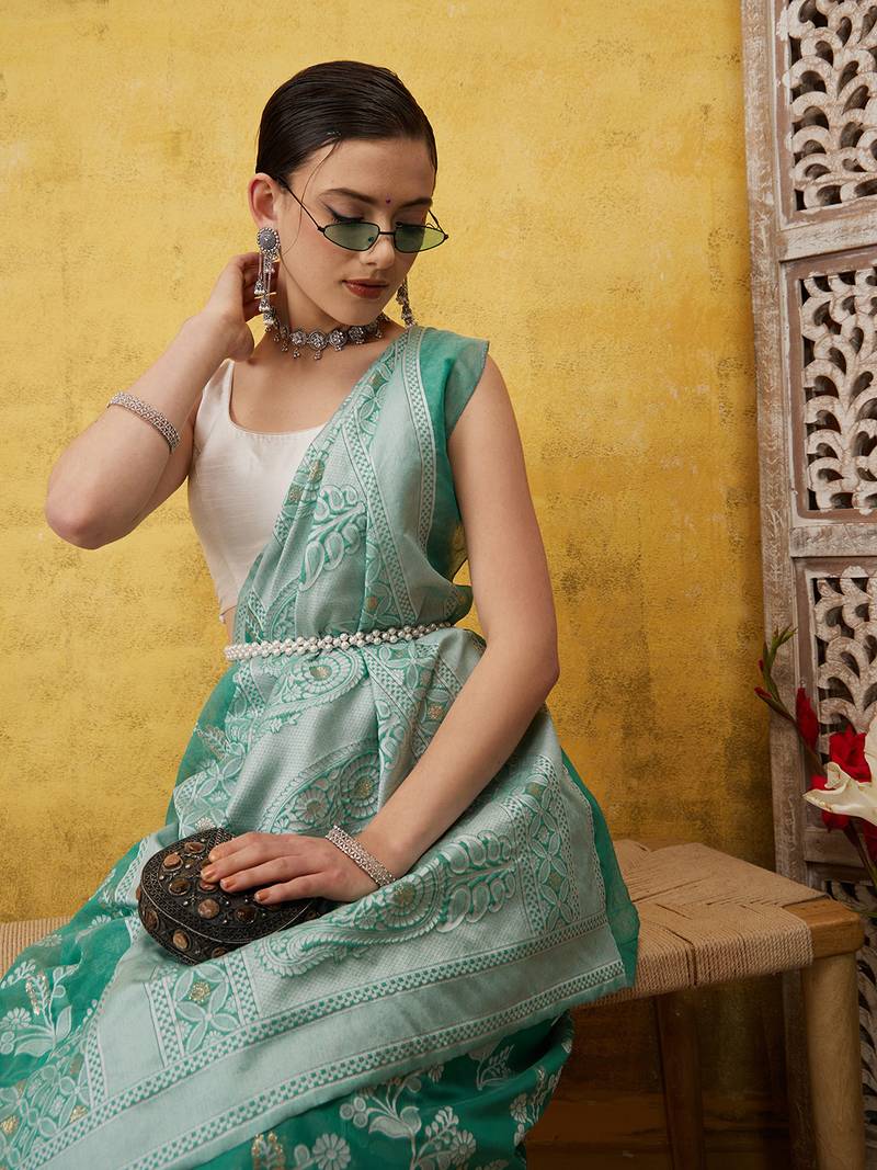 Silk Land Teal Woven Design Cotton Saree With Unstitched Blouse Piece