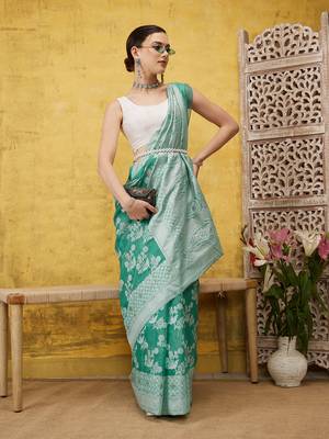 Silk Land Teal Woven Design Cotton Saree With Unstitched Blouse Piece 2