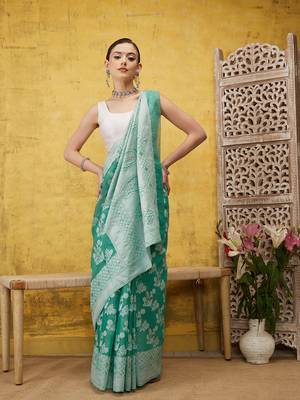 Silk Land Teal Woven Design Cotton Saree With Unstitched Blouse Piece 3