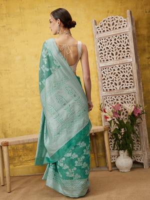 Silk Land Teal Woven Design Cotton Saree With Unstitched Blouse Piece 4