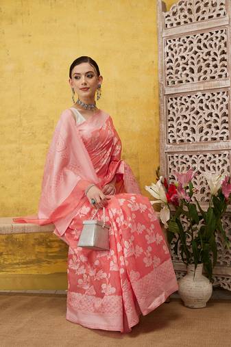 Silk Land Peach Woven Design Cotton Saree With Unstitched Blouse Piece