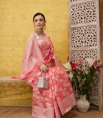 Silk Land Peach Woven Design Cotton Saree With Unstitched Blouse Piece