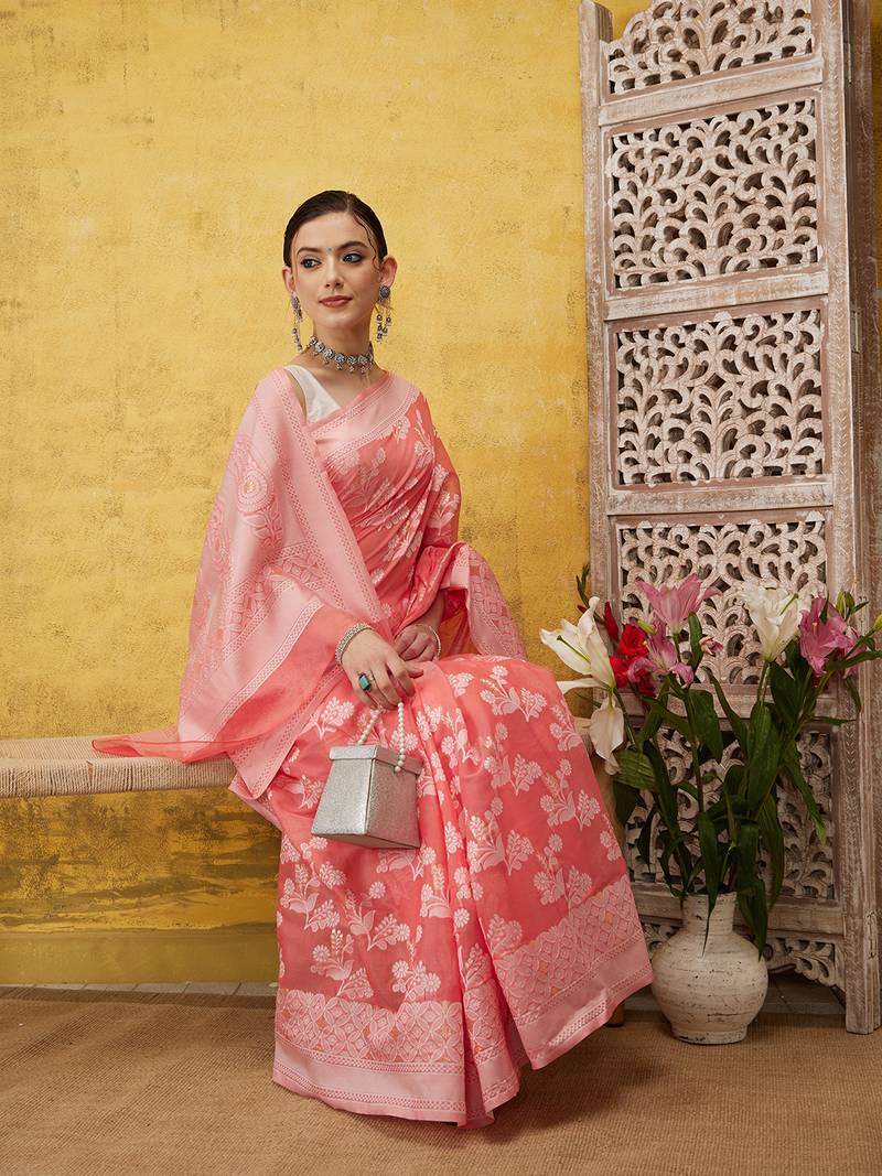 Silk Land Peach Woven Design Cotton Saree With Unstitched Blouse Piece