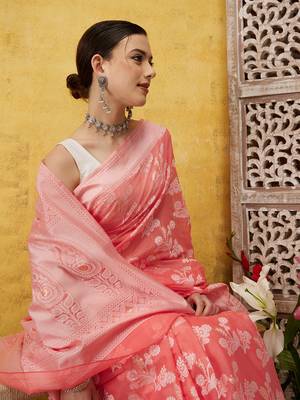 Silk Land Peach Woven Design Cotton Saree With Unstitched Blouse Piece 2
