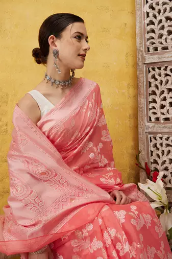 Silk Land Peach Woven Design Cotton Saree With Unstitched Blouse Piece