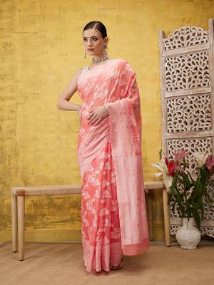 Silk Land Peach Woven Design Cotton Saree With Unstitched Blouse Piece 3