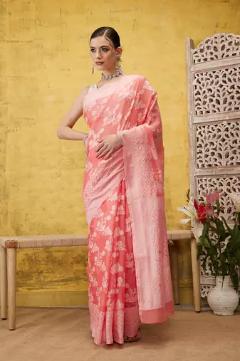 Silk Land Peach Woven Design Cotton Saree With Unstitched Blouse Piece
