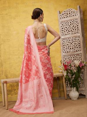 Silk Land Peach Woven Design Cotton Saree With Unstitched Blouse Piece 4