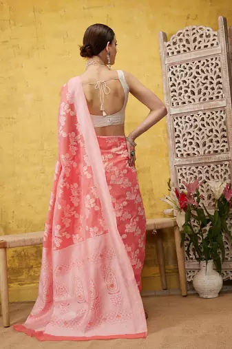 Silk Land Peach Woven Design Cotton Saree With Unstitched Blouse Piece