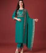  turquoise linen floral print kurta with pant & dupatta