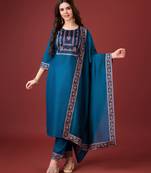  teal linen floral print kurta with pant & dupatta