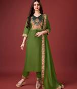  green linen floral print kurta with pant & dupatta