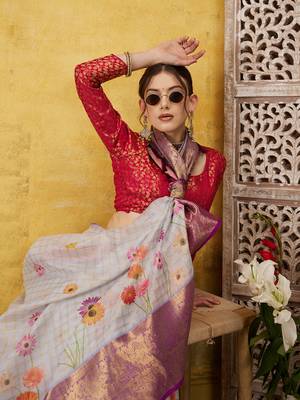 Silk Land Lavender Digital Print Muga Silk Blend Saree With Unstitched Blouse Piece 1