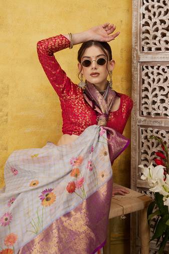 Silk Land Lavender Digital Print Muga Silk Blend Saree With Unstitched Blouse Piece
