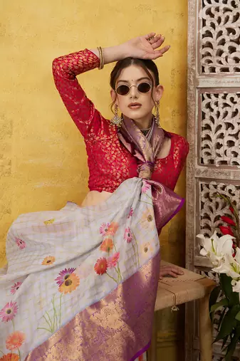 Silk Land Lavender Digital Print Muga Silk Blend Saree With Unstitched Blouse Piece