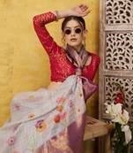 Silk Land Lavender Digital Print Muga Silk Blend Saree With Unstitched Blouse Piece
