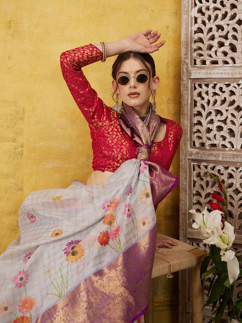 Silk Land Lavender Digital Print Muga Silk Blend Saree With Unstitched Blouse Piece
