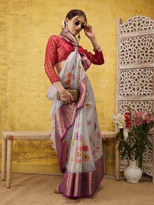Silk Land Lavender Digital Print Muga Silk Blend Saree With Unstitched Blouse Piece 2