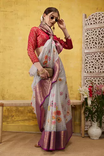 Silk Land Lavender Digital Print Muga Silk Blend Saree With Unstitched Blouse Piece