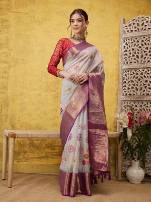 Silk Land Lavender Digital Print Muga Silk Blend Saree With Unstitched Blouse Piece 3