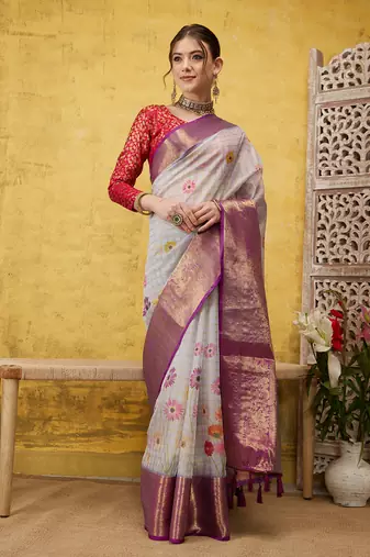 Silk Land Lavender Digital Print Muga Silk Blend Saree With Unstitched Blouse Piece
