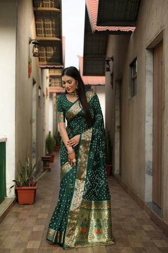 Green Woven Design Bandhej Silk Saree With Blouse