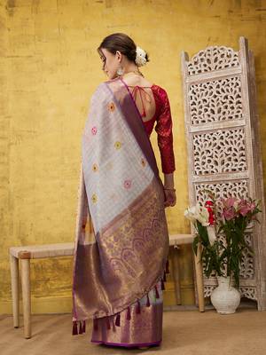 Silk Land Lavender Digital Print Muga Silk Blend Saree With Unstitched Blouse Piece 4