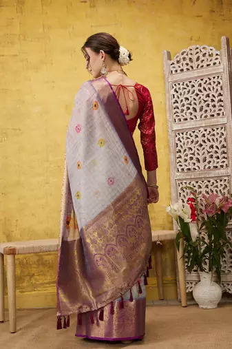 Silk Land Lavender Digital Print Muga Silk Blend Saree With Unstitched Blouse Piece