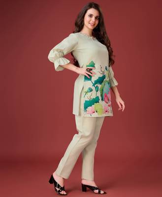  ivory linen floral print causal co-ord set 2