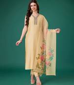  beige vichitra silk embroidered kurta with pant & dupatta