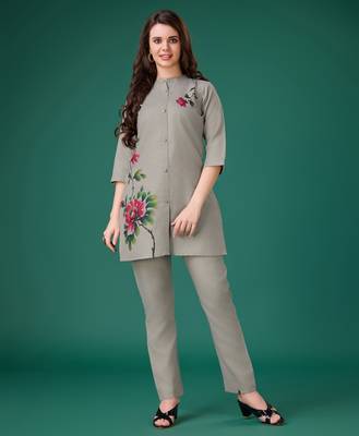  grey linen floral print causal co-ord set 1